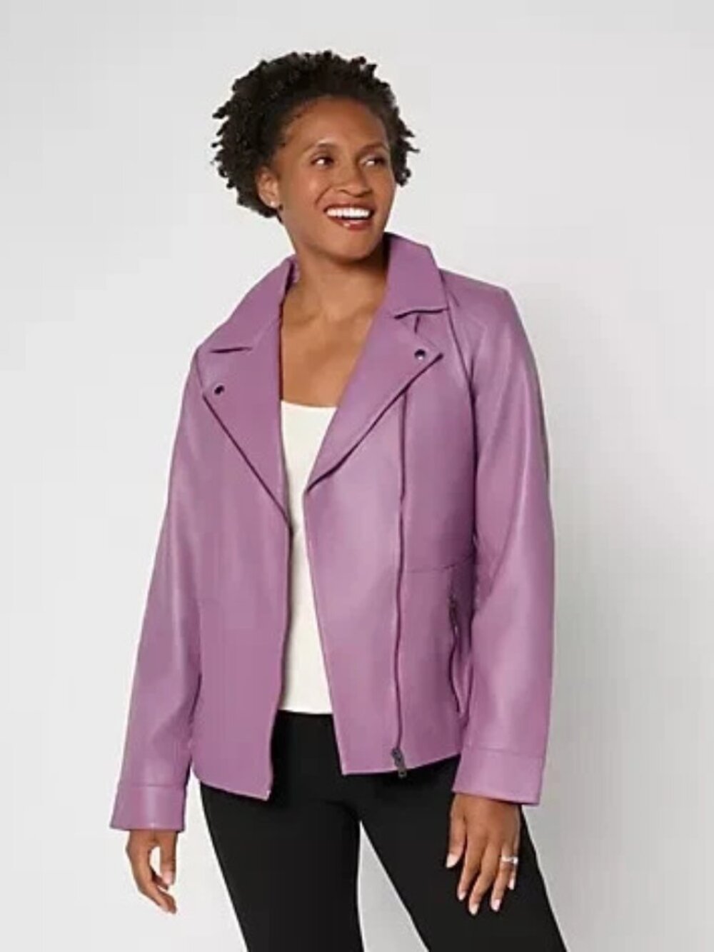 Denim & Co. Lamb Leather Moto Jacket with Pockets-New Amethyst-Small A738357
